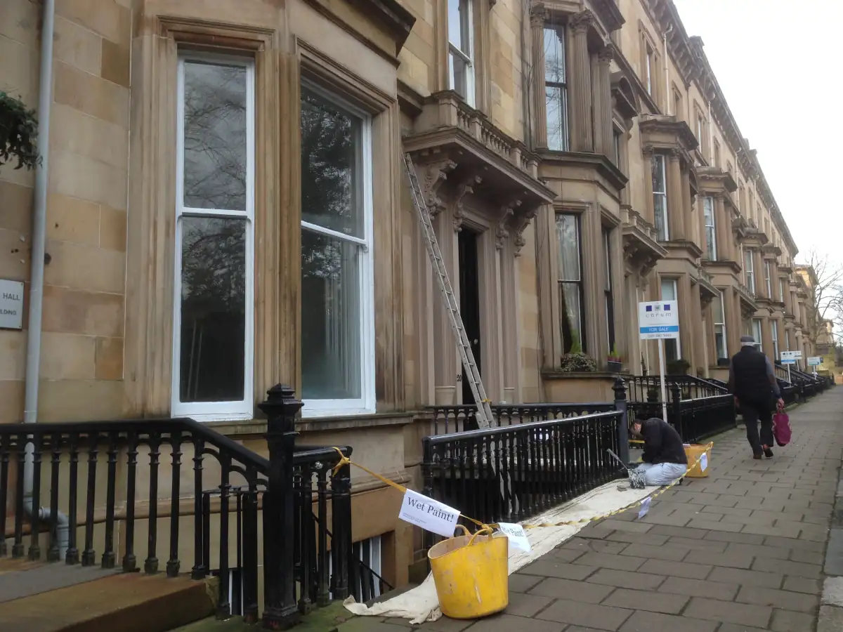 Sash window portico and railings painting glasgow west end blonde sandstone white casements and white sashes